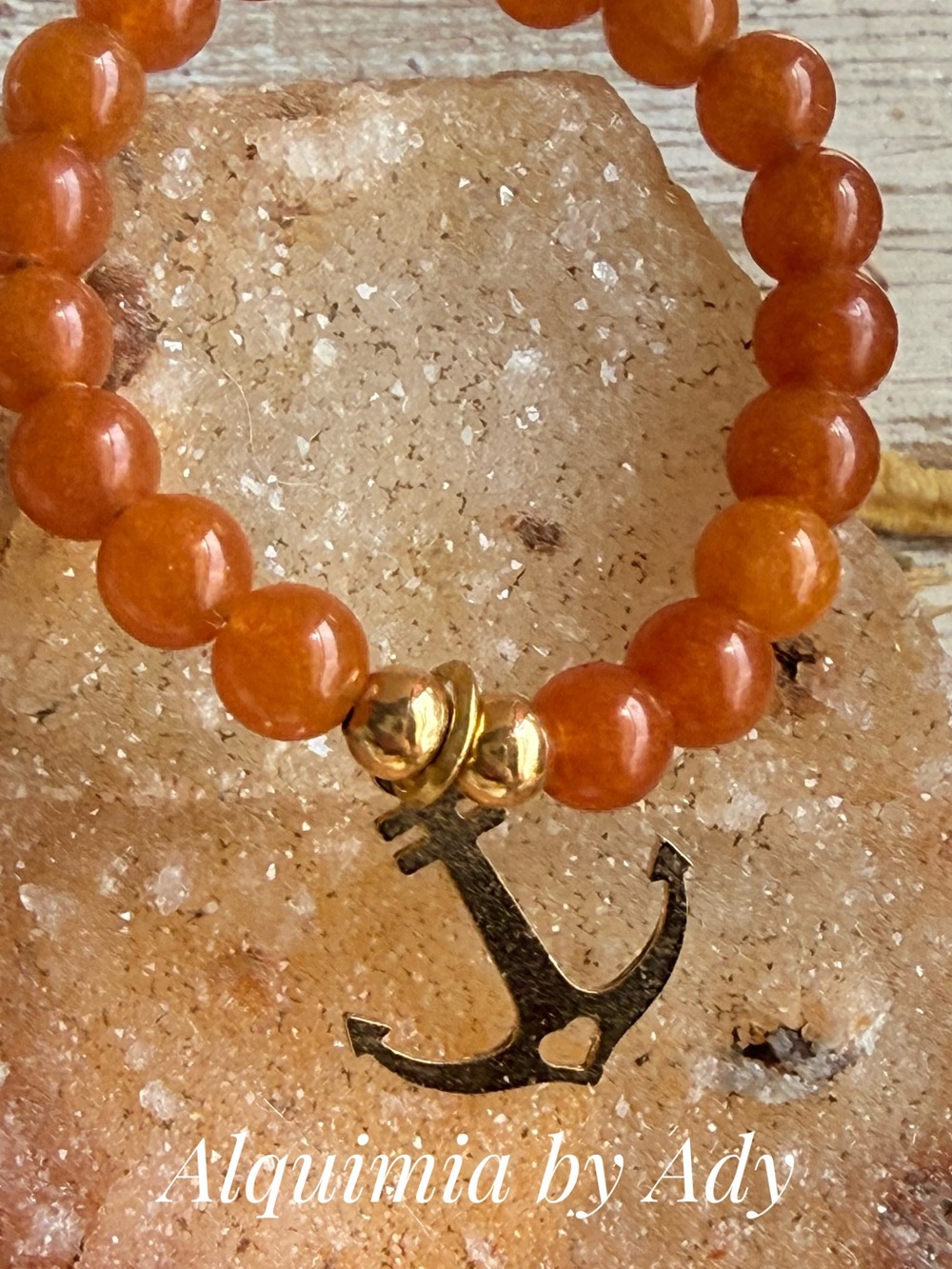Warm Orange  carnelian Beaded Ring with Gold Anchor Accent